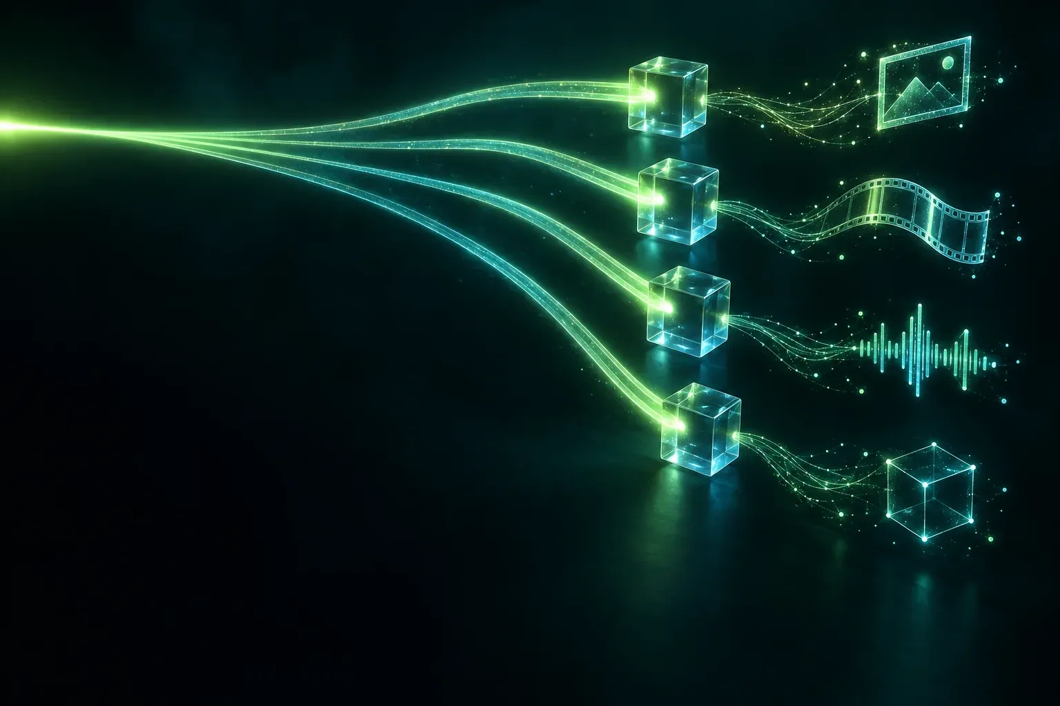 Ein Lichtstrahl teilt sich in vier Ströme zu vier gläsernen Würfeln, von denen feine Fäden zu Symbolen für Bild, Film, Klang und 3D führen