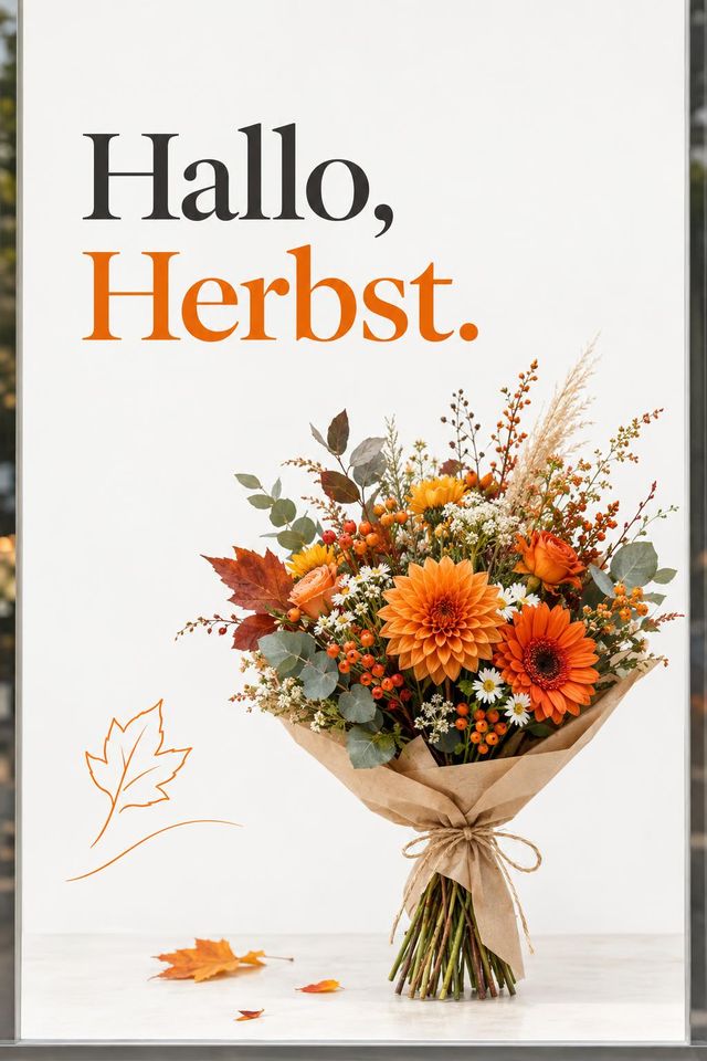 Schaufensterplakat mit der Überschrift „Hallo, Herbst.“ und einem Herbststrauß in Packpapier
