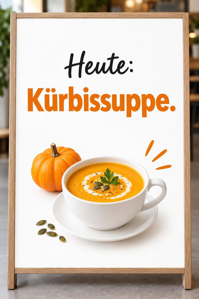 Aufsteller mit „Heute: Kürbissuppe.“ und einer Tasse Suppe