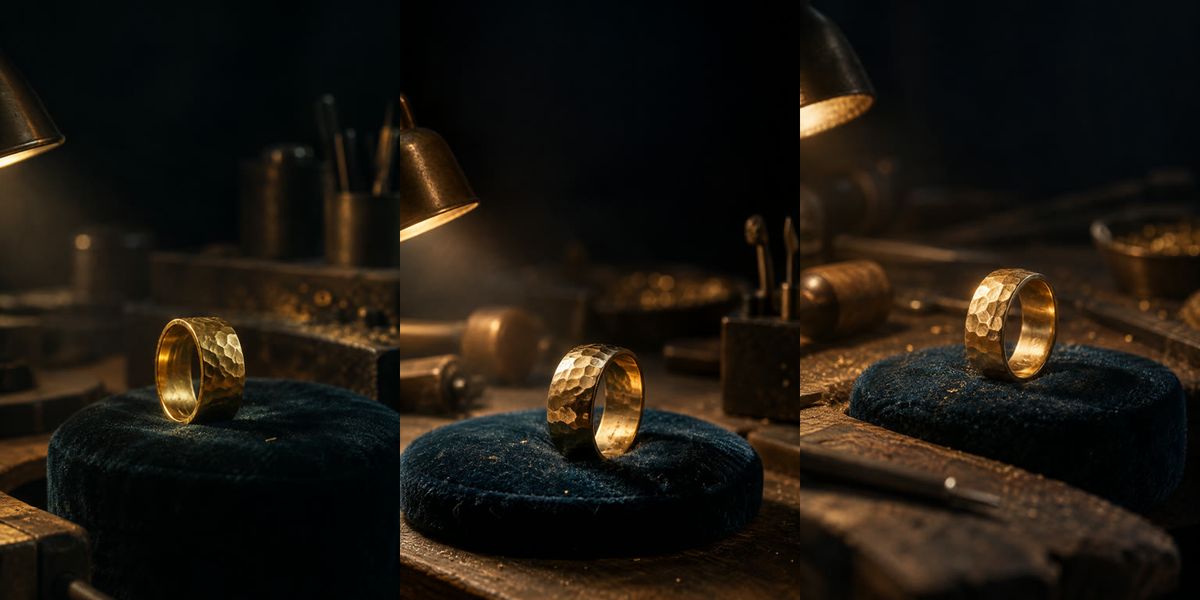 Drei Varianten eines gehämmerten Goldrings auf dunklem Samt