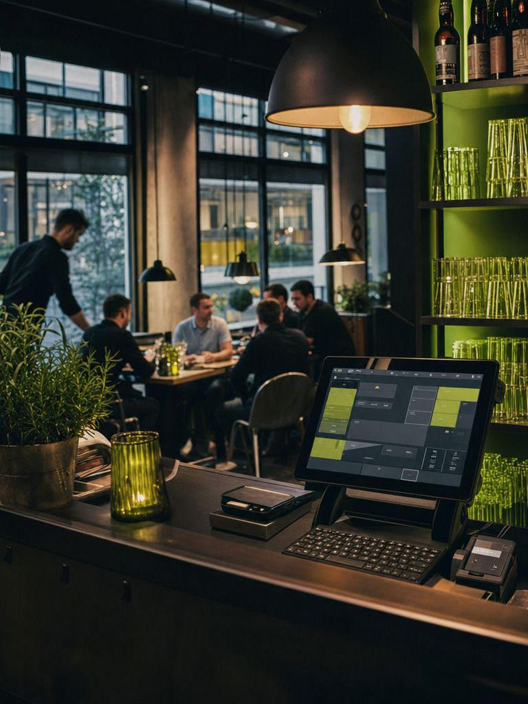 Kassenterminal an der Theke eines modernen Bistros mit Gästen im Hintergrund