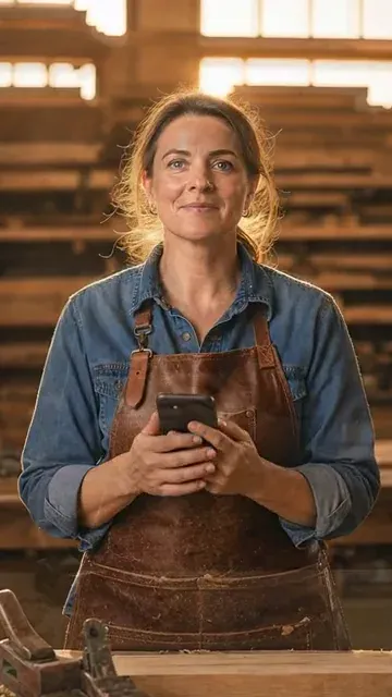 Eine Schreinermeisterin tippt in ihrer Werkstatt auf dem Handy, blickt auf und lächelt