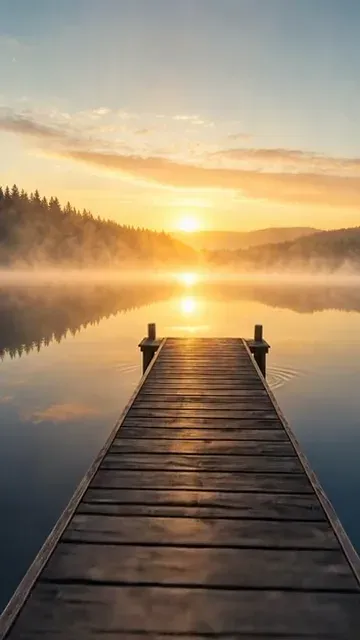 Fahrt über einen Holzsteg auf einen See im Morgennebel, die Sonne bricht durch