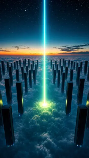Die Kamera steigt an einem Lichtstrahl durch die Wolkendecke, darüber ein Feld leuchtender Servertürme