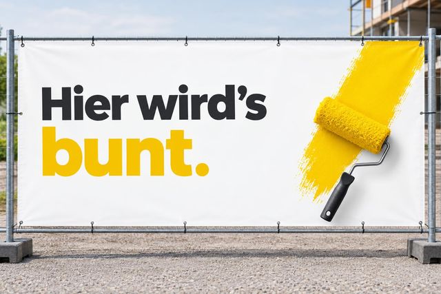 Bauzaunbanner mit „Hier wird’s bunt.“ und einem gelben Farbroller
