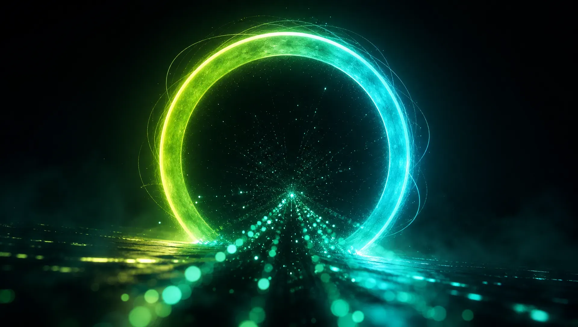Leuchtender Ring aus Lime- und Cyan-Licht, durch den ein Strom aus Partikeln fließt — Sinnbild für OMVIN
