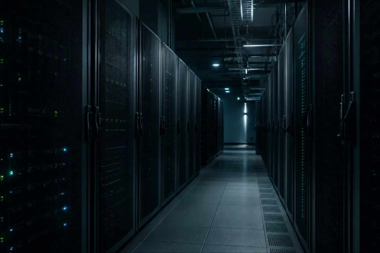 Serverraum mit Rechenzentrums-Racks in dunkelblauem Licht