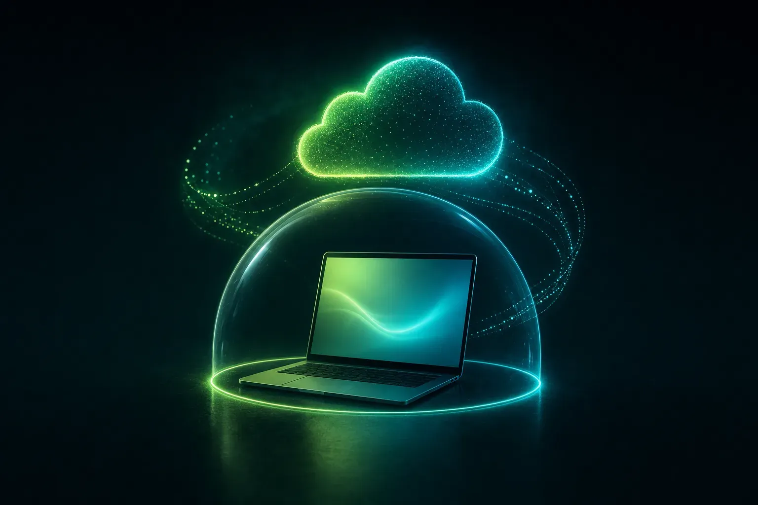 Laptop hinter einer leuchtenden Schutzwand aus Licht, Sinnbild für keinen Zugriff auf den lokalen Rechner