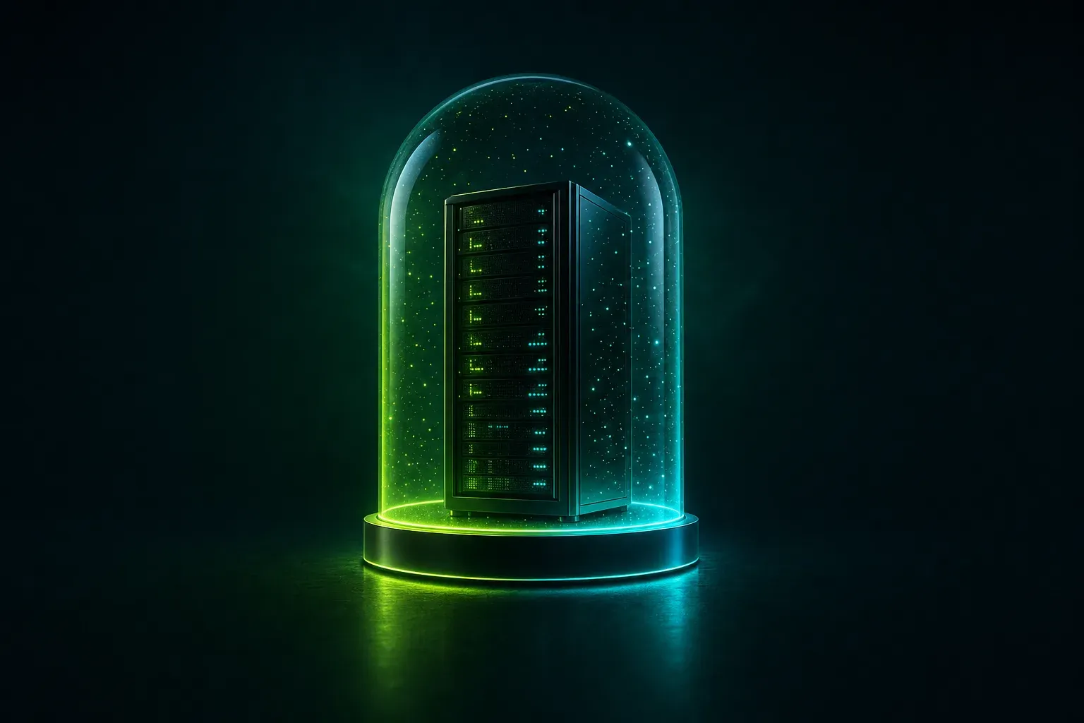 Leuchtender Server-Turm unter einer gläsernen Kuppel, Sinnbild für eigene Server in Deutschland