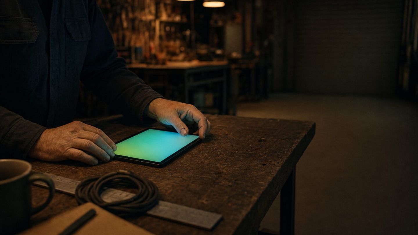 Hände bedienen am Abend ein Tablet auf der Werkbank einer Werkstatt