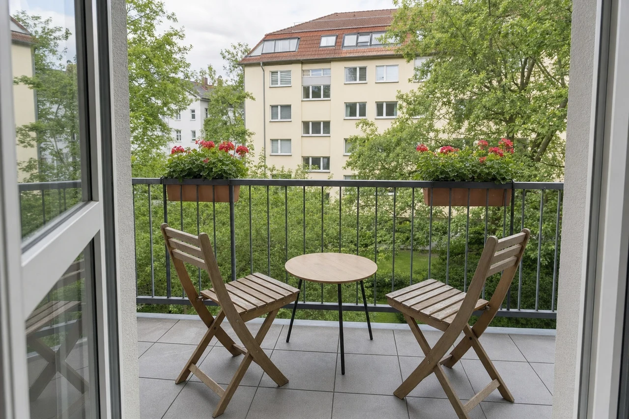 Süd-Balkon mit zwei Klappstühlen und Blick in den grünen Innenhof