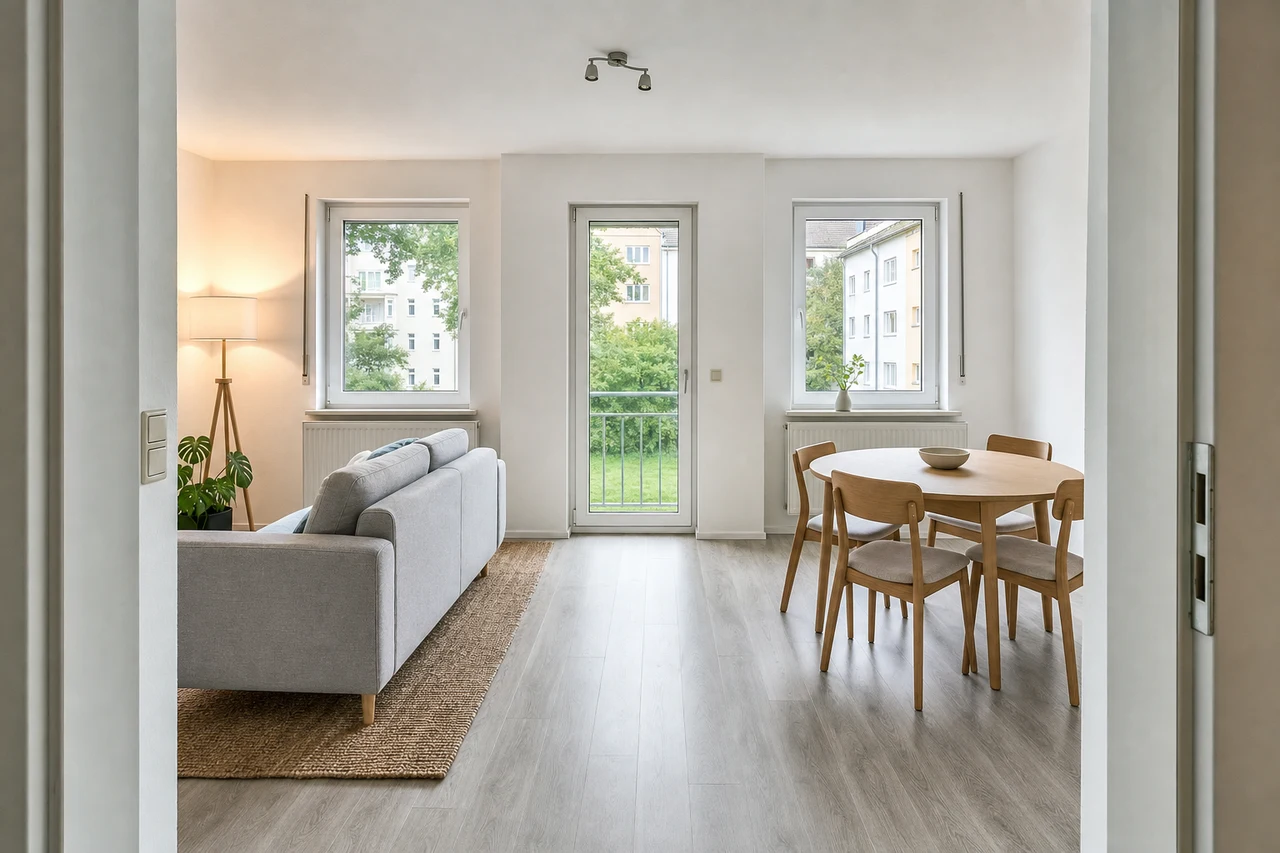 Wohnbereich der Beispielwohnung mit Balkontür zum grünen Innenhof